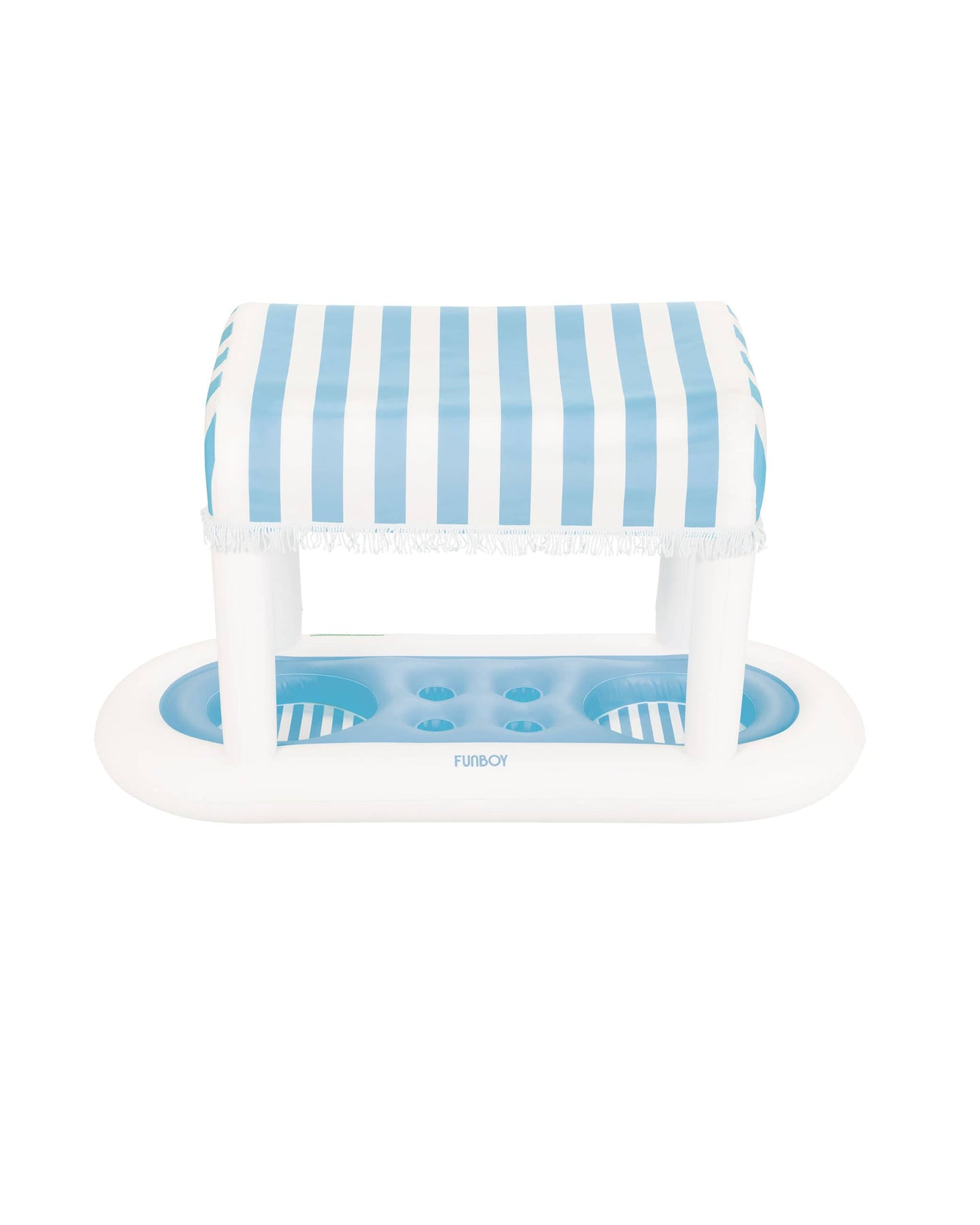 FUNBOY's inflatable floating cabana bar drink station with blue and white striped canopy.