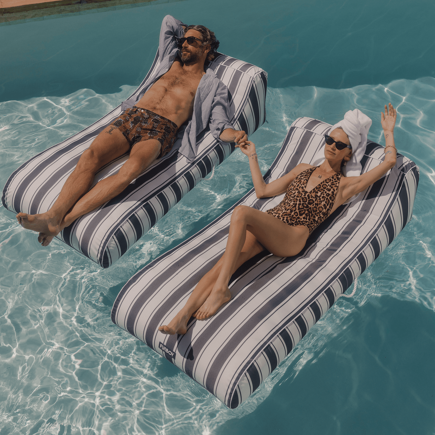 Fabric Covered Pool Floats Navy Stripe Sun Bed