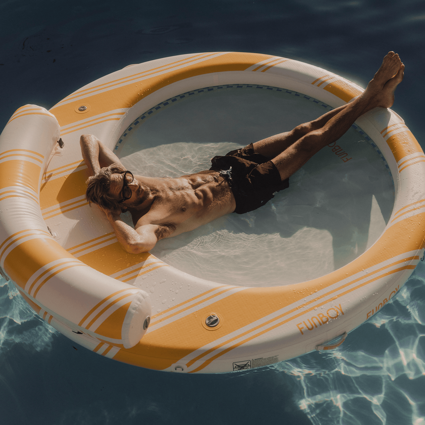 Yellow and White Stripe Floating Dock with Water Hammock
