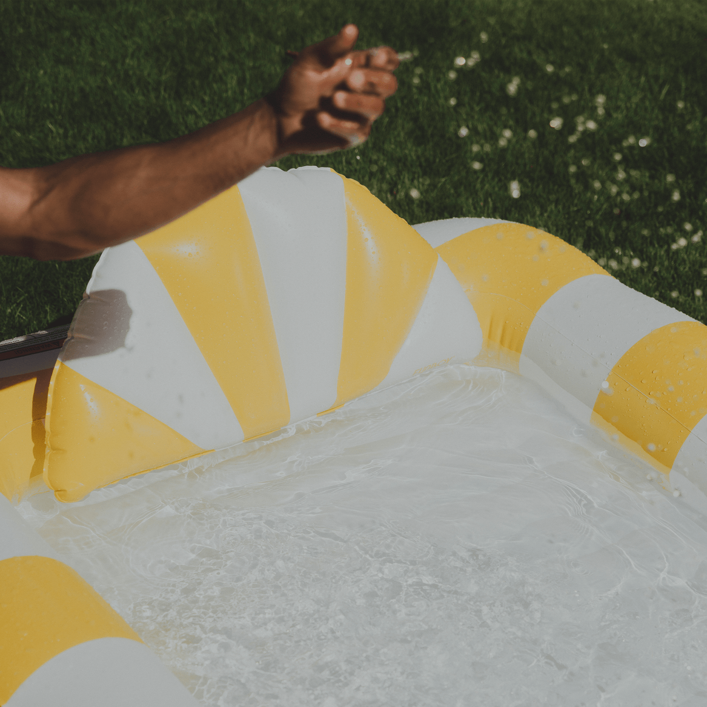 2-in-1 Tanning Pool Lounger Collection. Use in or out of the water. Yellow and White