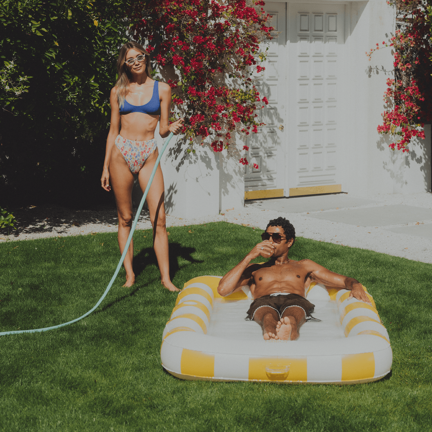 2-in-1 Tanning Pool Lounger Collection. Use in or out of the water. Yellow and White